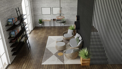 Home decor. Living room. Stylish interior 3D render. Modern apartment 3D illustration.