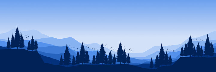 forest silhouette with mountain ladnscape flat design vector illustration good for wallpaper, background, backdrop, banner, tourism and design template
