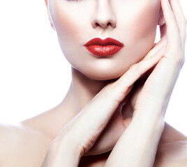 Fototapeta premium Red lips, Beauty Face woman, bright make-up, clean perfect skin, nands near face