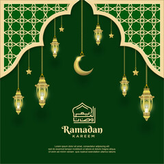 Ramadan Kareem green vector card with 3d golden metal crescent and stars.