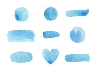 Watercolor stain big collection. Paint brush  blue texture