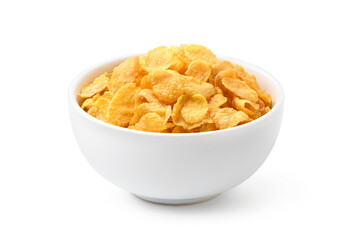 Crispy corn flakes in white bowl isolated on white background. Clipping path.
