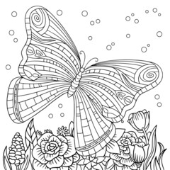 Flying butterfly near spring flowers. Coloring book page for adult with doodle and zentangle elements. Vector hand drawn isolated.