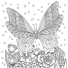 Flying butterfly near spring flowers. Coloring book page for adult with doodle and zentangle elements. Vector hand drawn isolated.