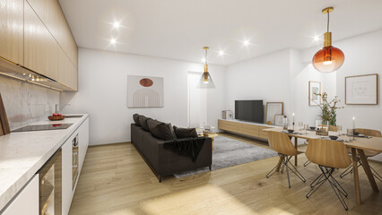 Interior of luxury modern scandinavian apartment. Comfortable hygge living room