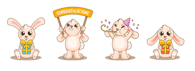 Set baby rabbits in different poses with party stuff. Cute animals celebrate birthday, give gifts, hold sign congratulations and smile. Vector bunny collection for design, print, birthday, party.