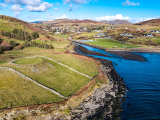 Aerial view of historic Ringfort and the gaelic football pitch by Kilcar in County Donegal -...