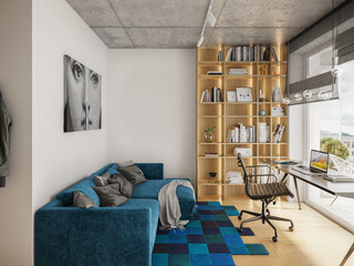 Interior of a small luxury blue wooden apartment. Comfortable small living room with open space, 3D rendering