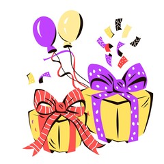 Gift boxes and balloons for celebration, holiday or birthday topic, cartoon vector isolated.