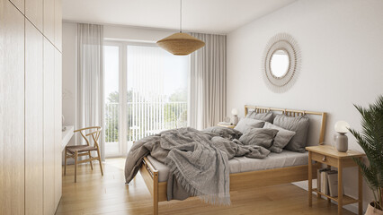 Interior of a modern Scandinavian bedroom showcase. Comfortable hygge bedroom with ratan decoration.