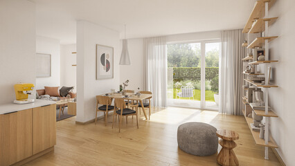 Interior of luxury modern scandinavian apartment.  Comfortable living room with view to garden, 3D rendering