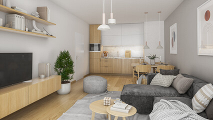 Interior of luxury modern scandinavian apartment.  Comfortable hygge living room