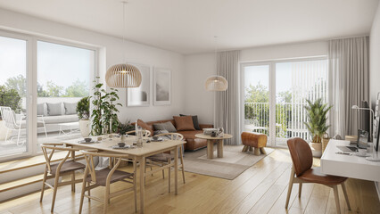 Interior of luxury modern scandinavian apartment.  Comfortable hygge living room - obrazy, fototapety, plakaty