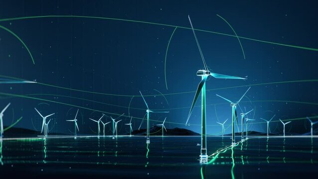 Concept: Futurustic Vizualisation of Offshore Wind Farm Produces Clean Energy In Absract Digital Environment