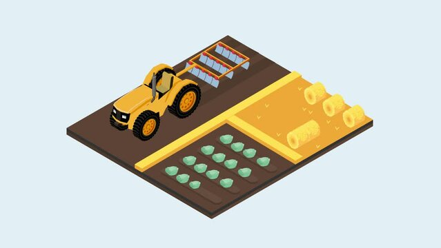 Male farmer collecting dry hay bales with rake