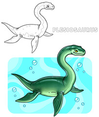 Plesiosaurus extinct Jurassic marine reptile. Set of illustrations for coloring book.