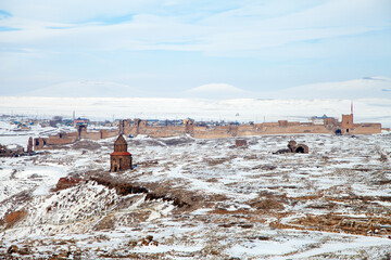 Fototapeta na wymiar Ani Ruins, Ani is a ruined and uninhabited medieval Armenian city-site situated in the Turkish province of Kars 