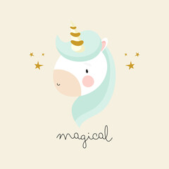 Magic Unicorn. For kids stuff, card, posters, banners, books, printing on the pack, printing on clothes, fabric, wallpaper, textile or dishes. Vector illustration.