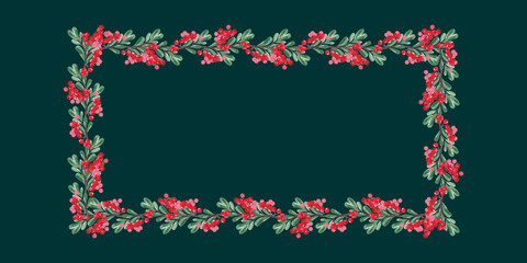 A botanical rectangular frame of branches with green leaves and red berries on a dark green background. Background for the signboard.