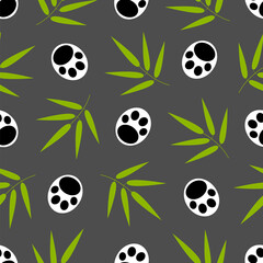 Panda paws and with bamboo leaves on a grey background natural seamless pattern for wallpaper, fabrics, packaging paper.