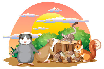 Isolated scene with different cute animals