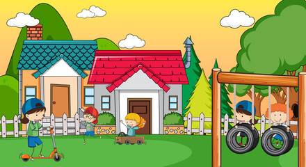 A simple house with kids in nature background