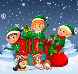 Obraz na płótnie Canvas Christmas poster design with elves and dogs