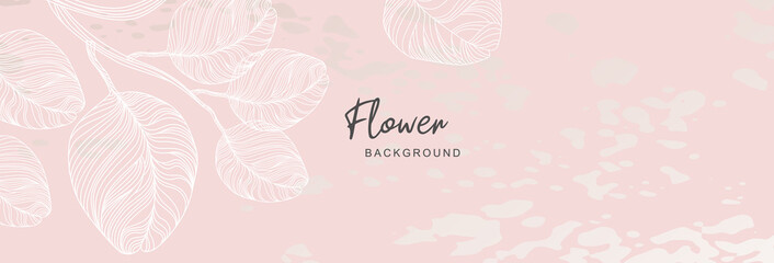 Floral pink background with leaves.
Vector banner with plant elements in line art style for covers, advertisements, wedding invitations, cards, graphic and web design, business presentation, marketing