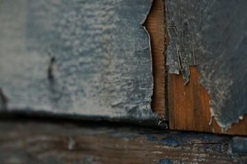 Macro di una parte sfogliata di un mobile di legno di colore blu