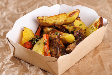 Pieces of baked potatoes with carrots in a cardboard container-plate.