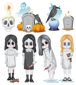 Set of halloween ghost and elements
