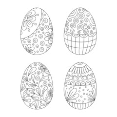 Set of hand drawn Easter chicken eggs with ornament isolated on a white background. Doodle, simple outline illustration. It can be used for decoration of textile, paper and other surfaces.