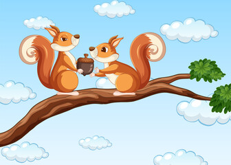 Two squirrel on wooden branch