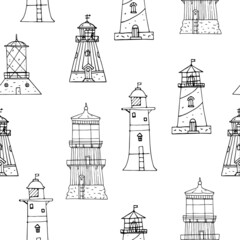 Lighthouses hand drawn ink sketch vector seamless pattern.