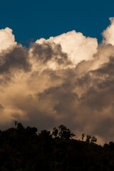 Dramatic rainstorms or thunderclouds over a tropical rainforest.