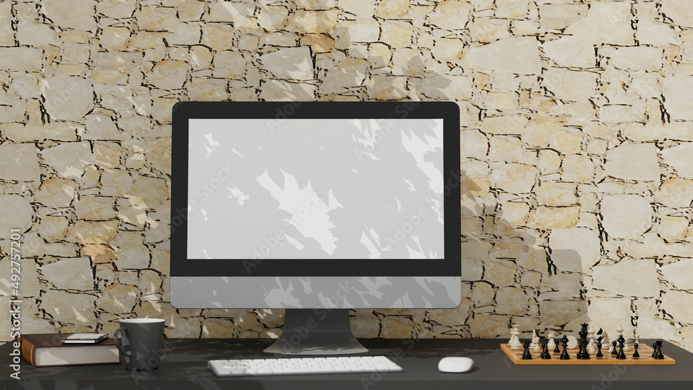 Poster blank screen desktop computer on desk with books and cup. 3d rendering