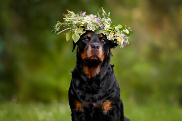 rottweiler dog wearing a flower crown, close up portrait