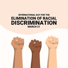 Vector illustration of hands of different skin colors clenching up, as a banner or poster, International Day for the Elimination of Racial Discrimination. - obrazy, fototapety, plakaty