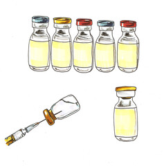jars of vaccine medical sketch syringe image of medical supplies.