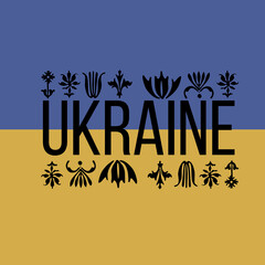 Flag of the country of Ukraine with black fndwhite  letters and ornaments
Poster The territory of the state of Ukraine on a black background