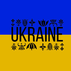Flag of the country of Ukraine with black fndwhite  letters and ornaments
Poster The territory of the state of Ukraine on a black background