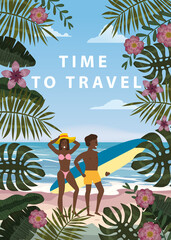 Time to Travel Happy Couple on Summer Vacation Beach. Wife and Husband with Surfboard enjoying Beach Vacation walking on Sand Sea Ocean Having Fun at Beach on Seashore Floral. Vector Illustration