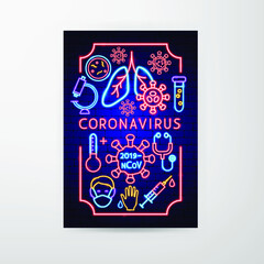 Coronavirus Neon Flyer. Vector Illustration of Pandemic Promotion.