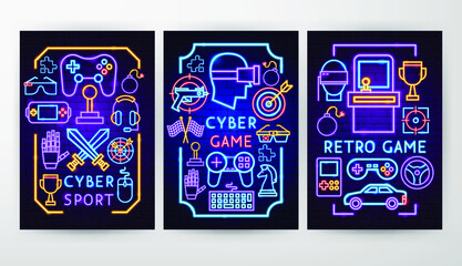 Cyber Game Neon Flyers. Vector Illustration of Technology Promotion.