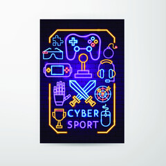 Cyber Sport Neon Flyer. Vector Illustration of Technology Promotion.