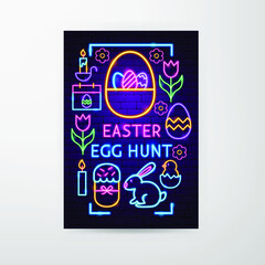 Easter Egg Hunt Neon Flyer. Vector Illustration of Holiday Promotion.