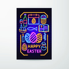 Happy Easter Neon Flyer. Vector Illustration of Holiday Promotion.