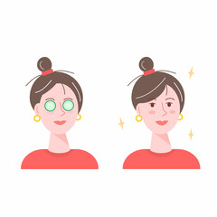 Vector illustration of a girl doing cosmetic procedures. Cucumbers on eyes as domestic skin care routine.