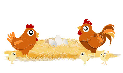 poule et coq roux et poussins devant un nid avec des œufs 