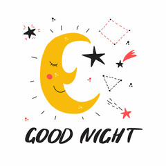 Vector illustration of cute sleepy moon and good night lettering. Colorful handwritten design with moon, stars and constellations.